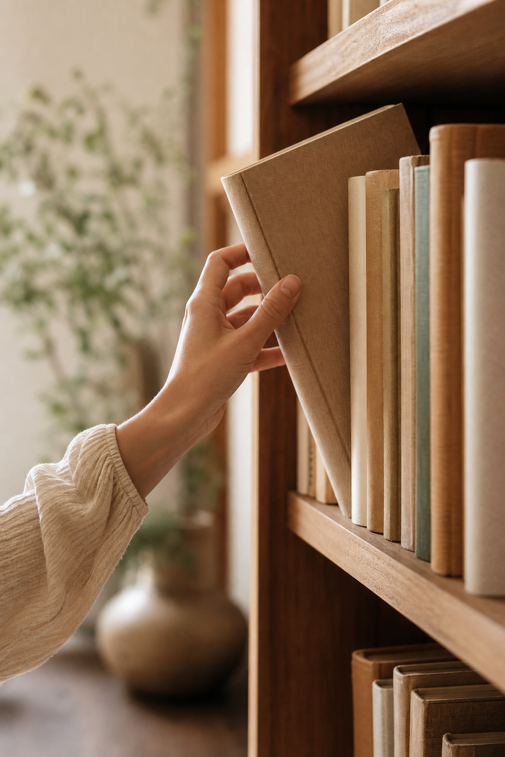 Une main choisissant un livre dans une bibliothèque
